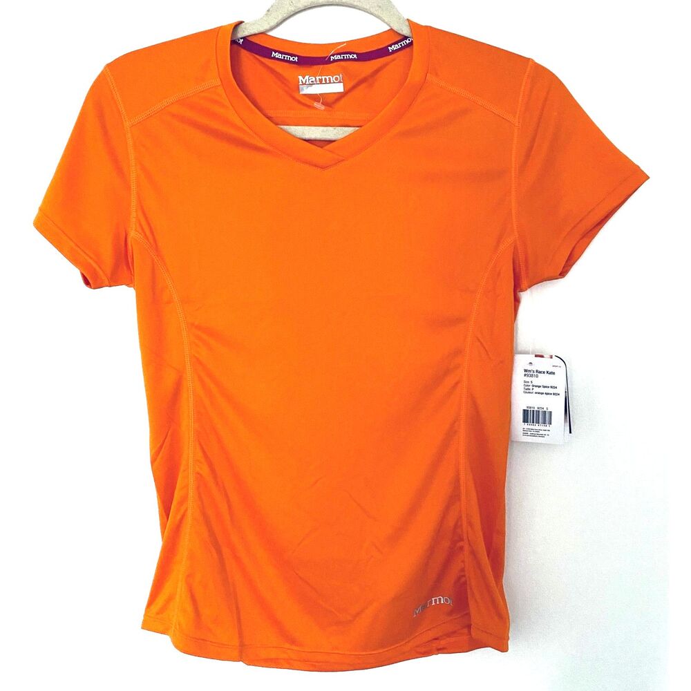 NWT Marmot Women's Race Kate V-Neck Orange Short Sleeve 50 UPF Knit Shirt Sz S